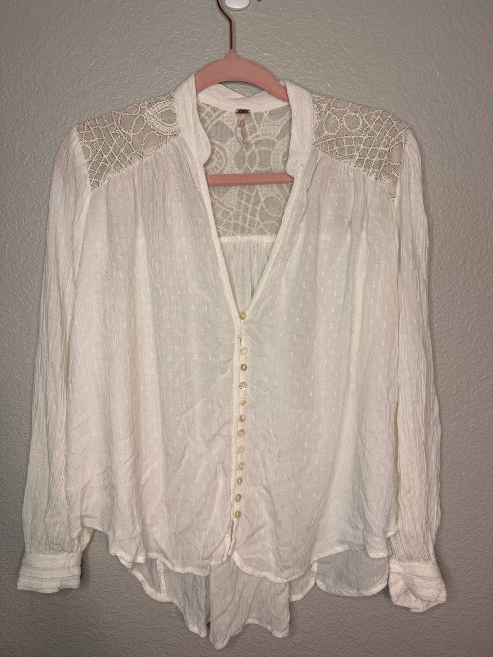 Free People Canyon Rose Button Down White and Gold Lace Yoke Women's Blouse